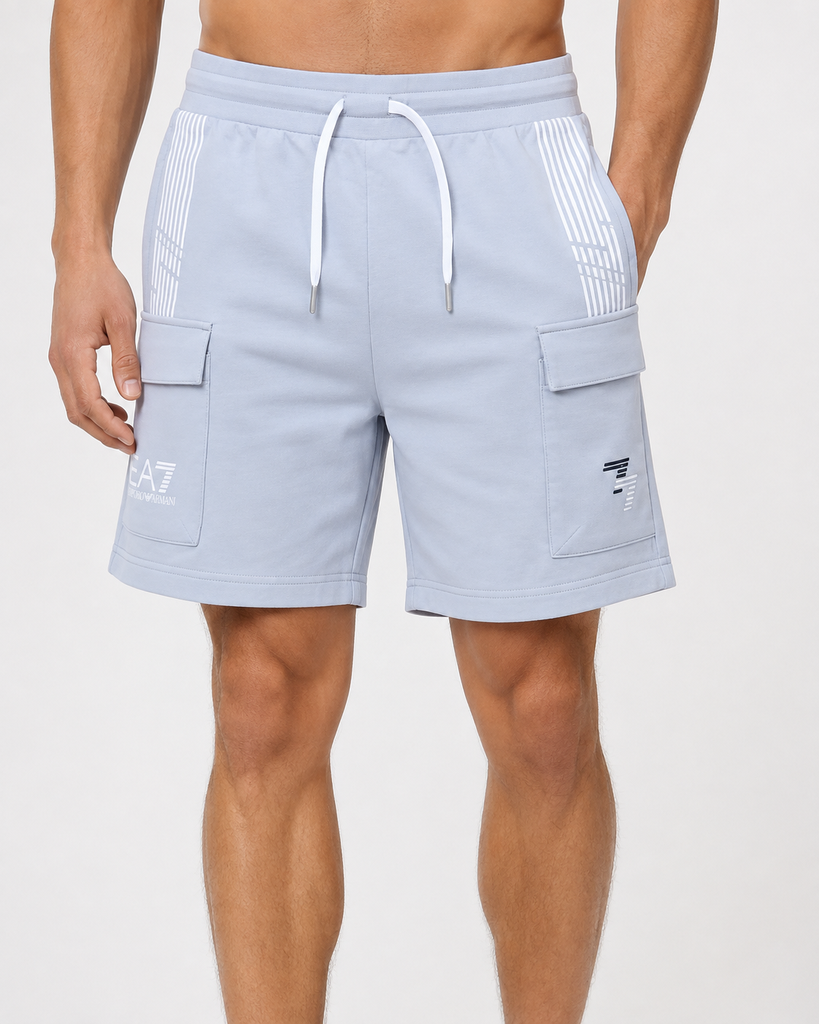 EA7 Emporio Armani Men’s Small Logo 7 Lines Shorts – Light Blue